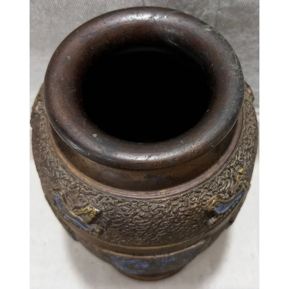 Vintage Japanese Bronze Relief Vase Archaic Taotie Bird Motif Blue Enamel 10.5in